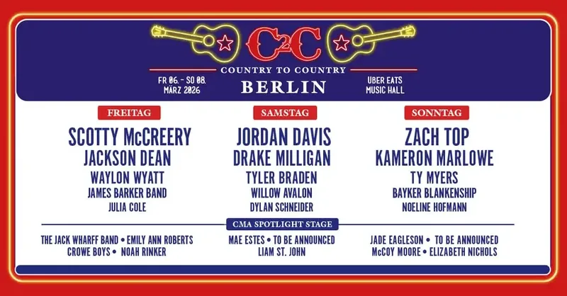 Programmplakat des C2C Country to Country Festivals 2026 in Berlin